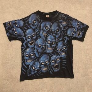 Vintage 2001 Liquid Blue Skull Pile T-Shirt   Distressed Mens L Rare Color